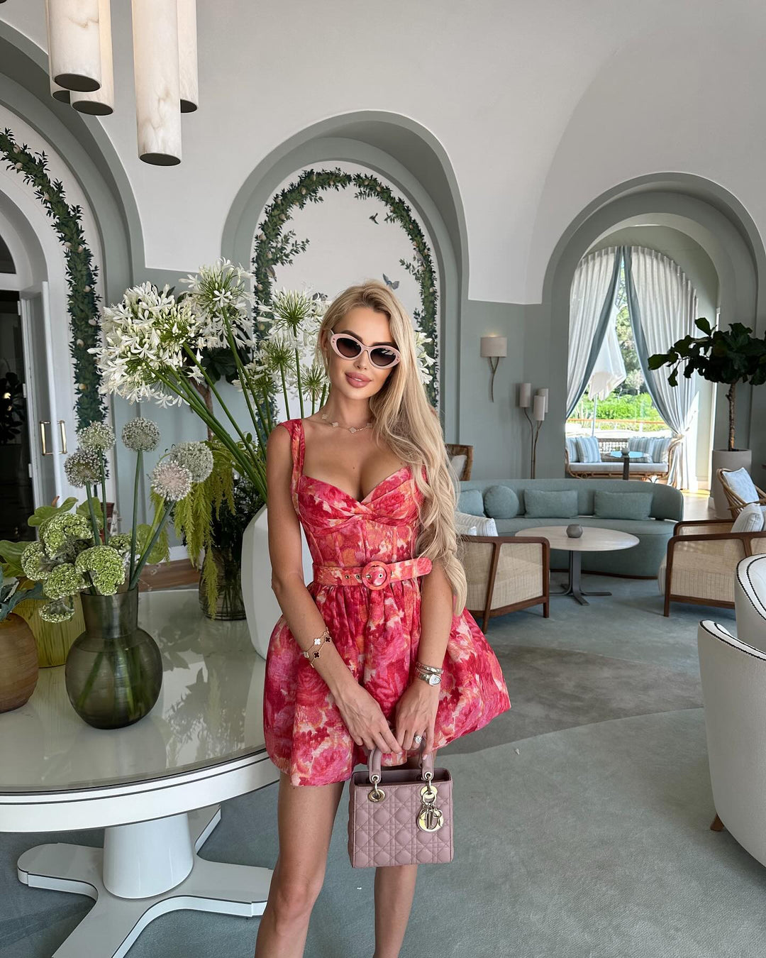 Rochie mini rosie din in cu bretele si curea | Vestiaire
