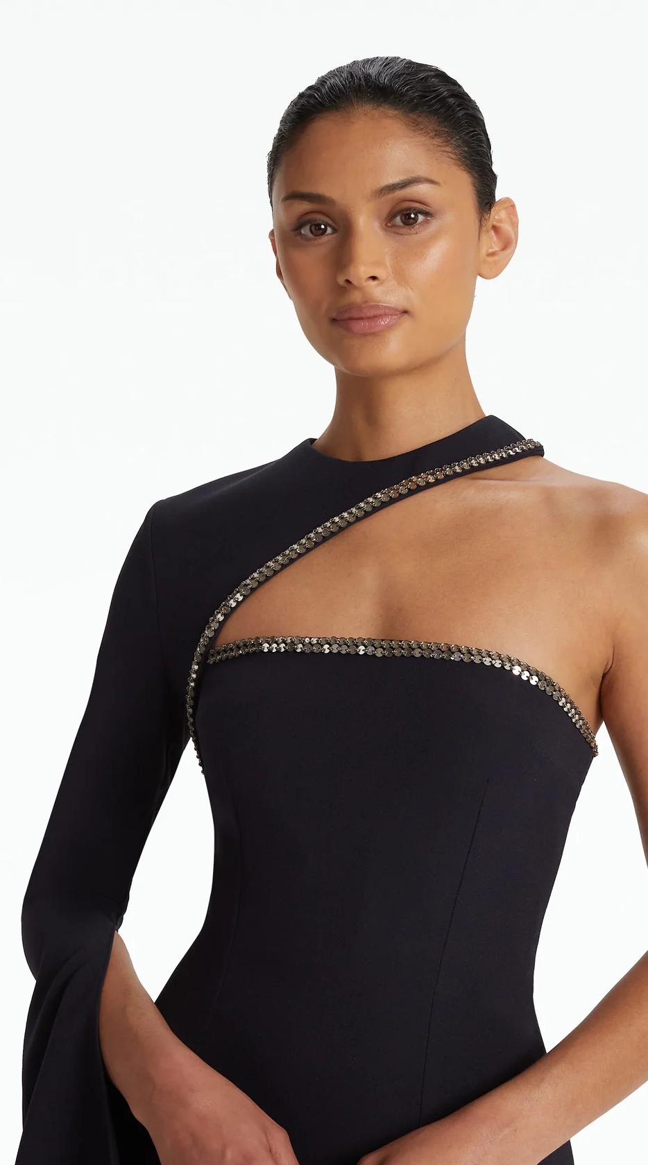 Floor-length hemline dress in black with silver tone accent and one shouder cape for galas, red carpet events
