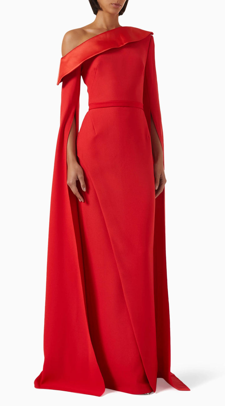 MARA – Red Crepe One-Shoulder Gown with Dramatic Cape Sleeves