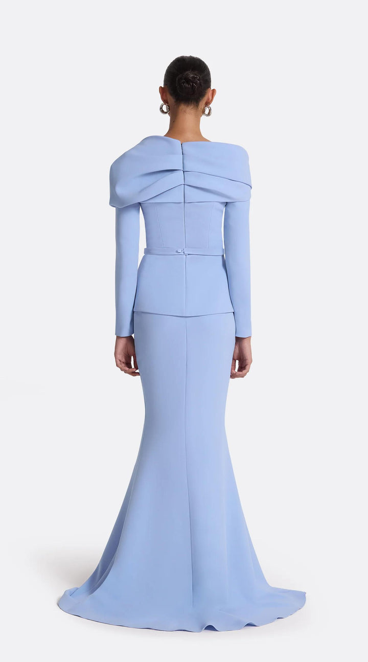 ELARA – Blue Long Crepe Dress with Sculpted Bodice