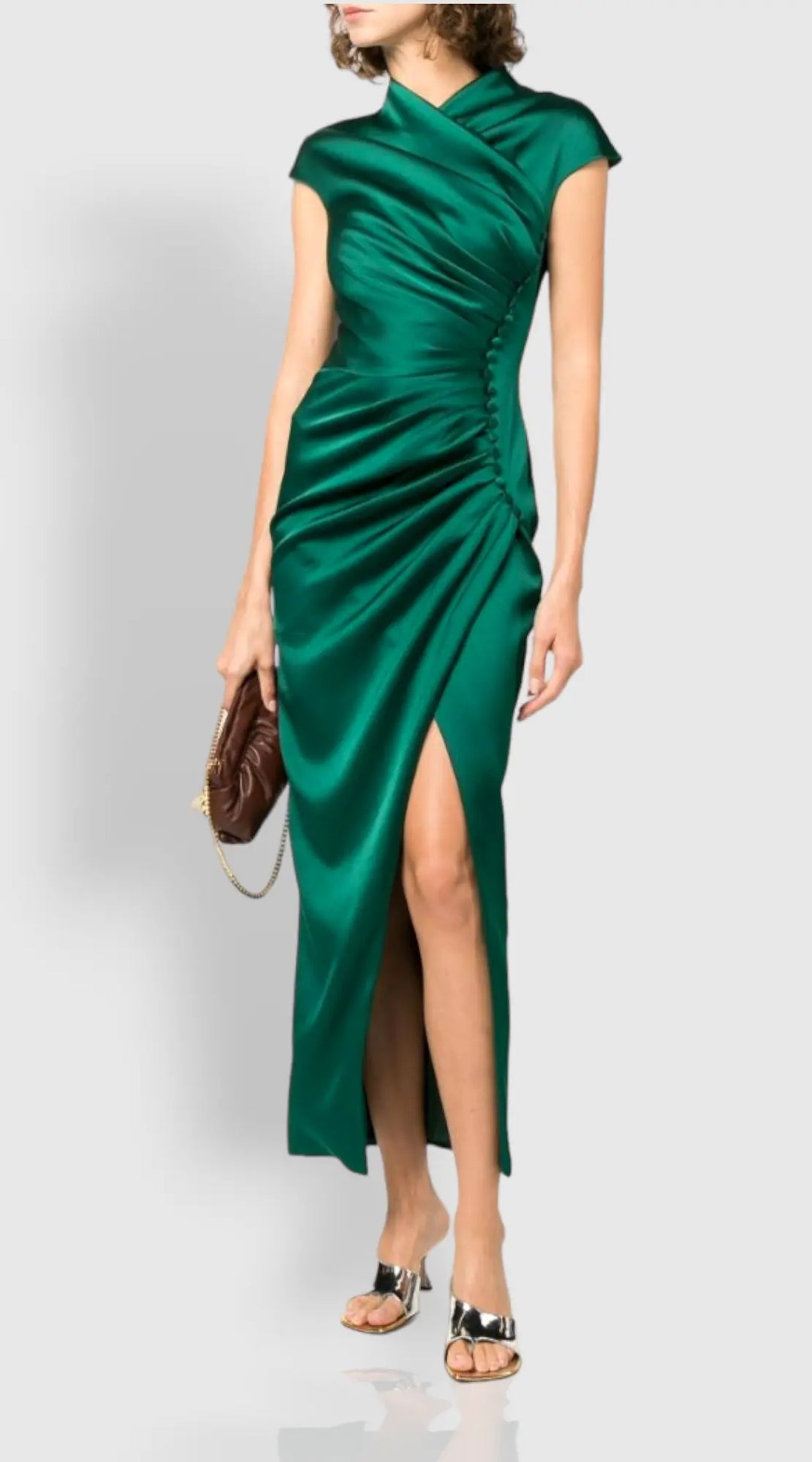 CATHERINE Rochie verde din satin crepe cu falduri Atelier VESTIAIRE