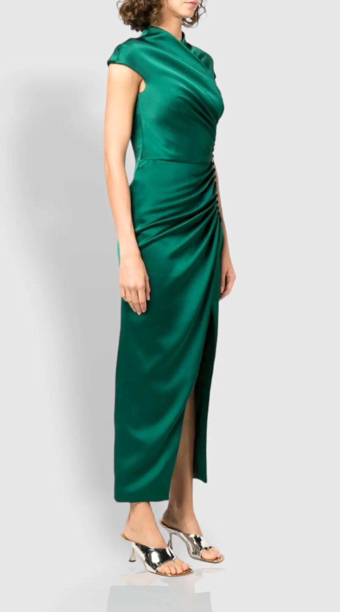 CATHERINE Rochie verde din satin crepe cu falduri Atelier VESTIAIRE