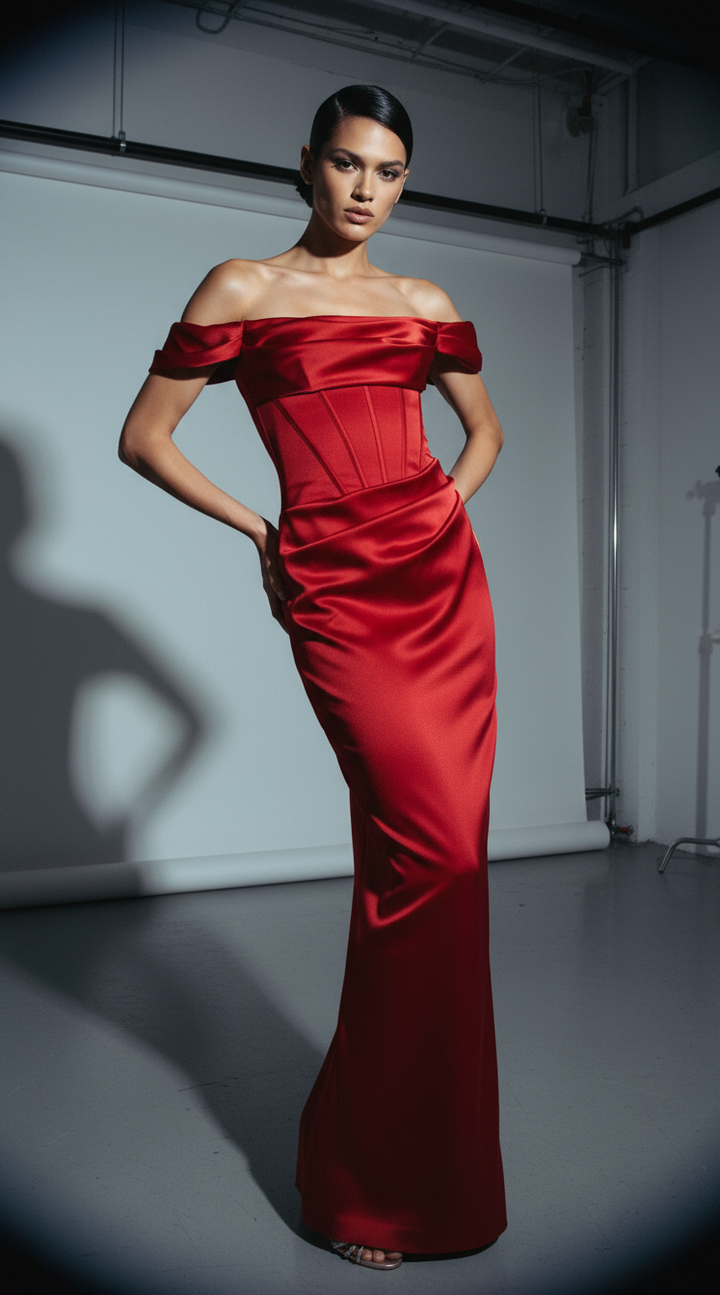 ROYAL – Red Off-Shoulder Corset Dress