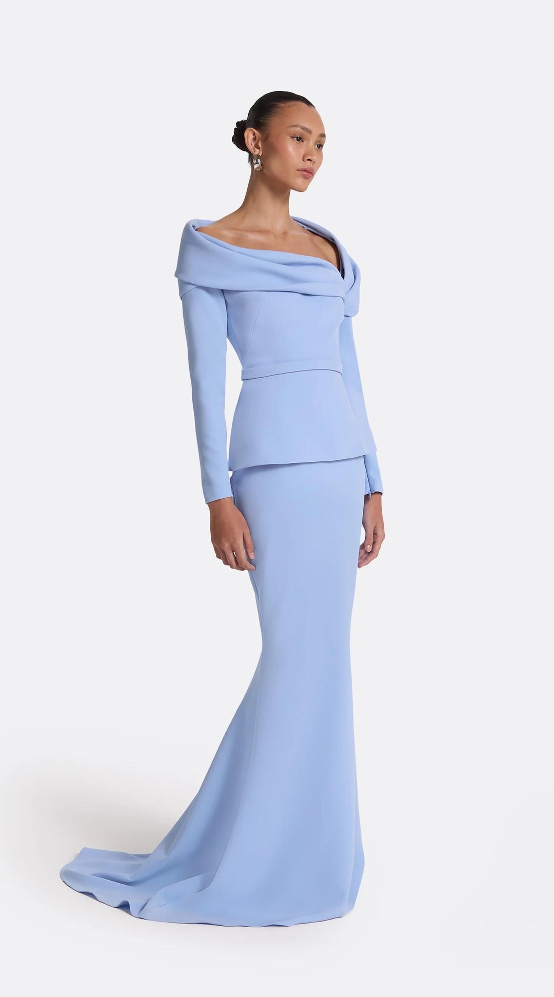 ELARA – Blue Long Crepe Dress with Sculpted Bodice