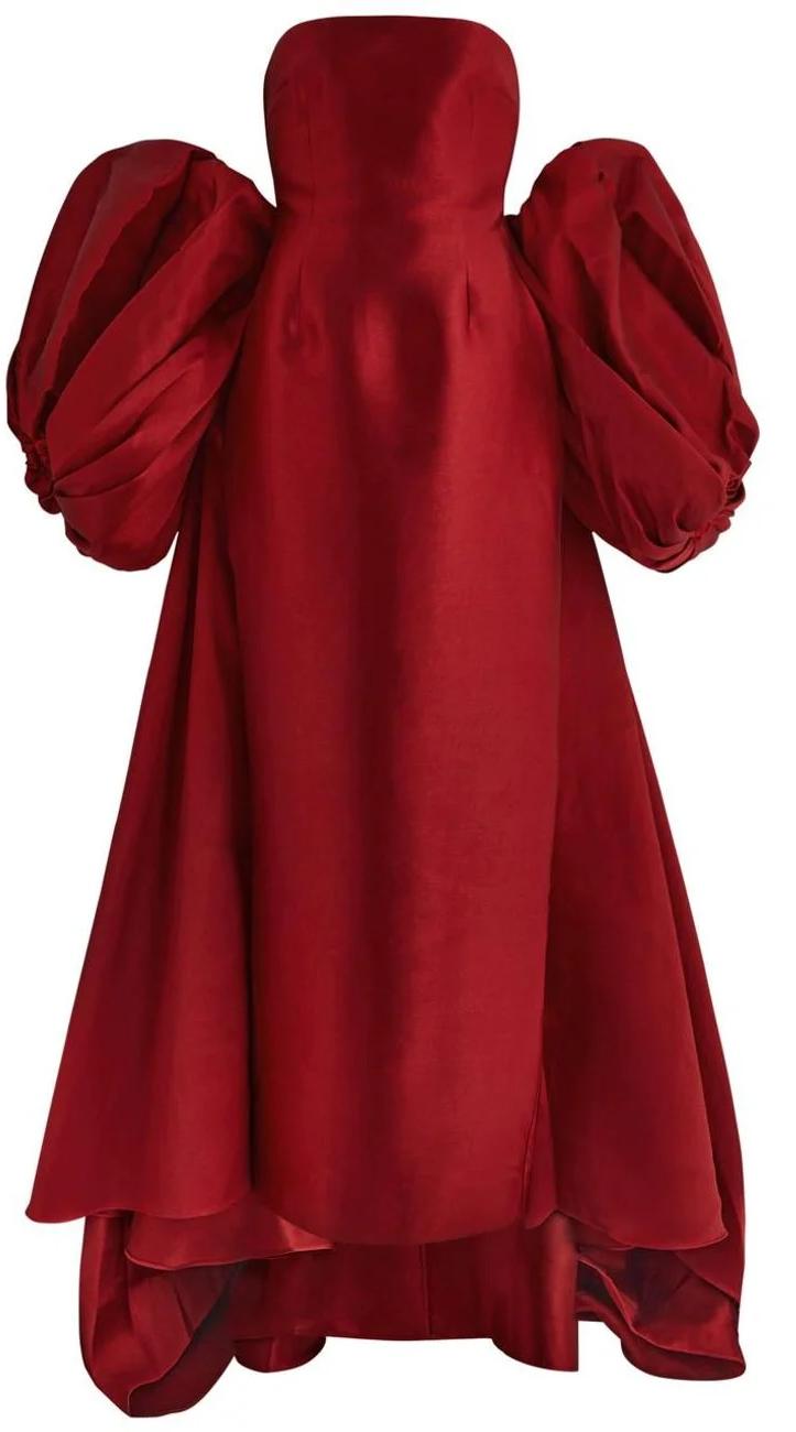 ALINA – Red Maxi Dress with Dramatic Puff Cape Sleeves and Sculpted Silhouette