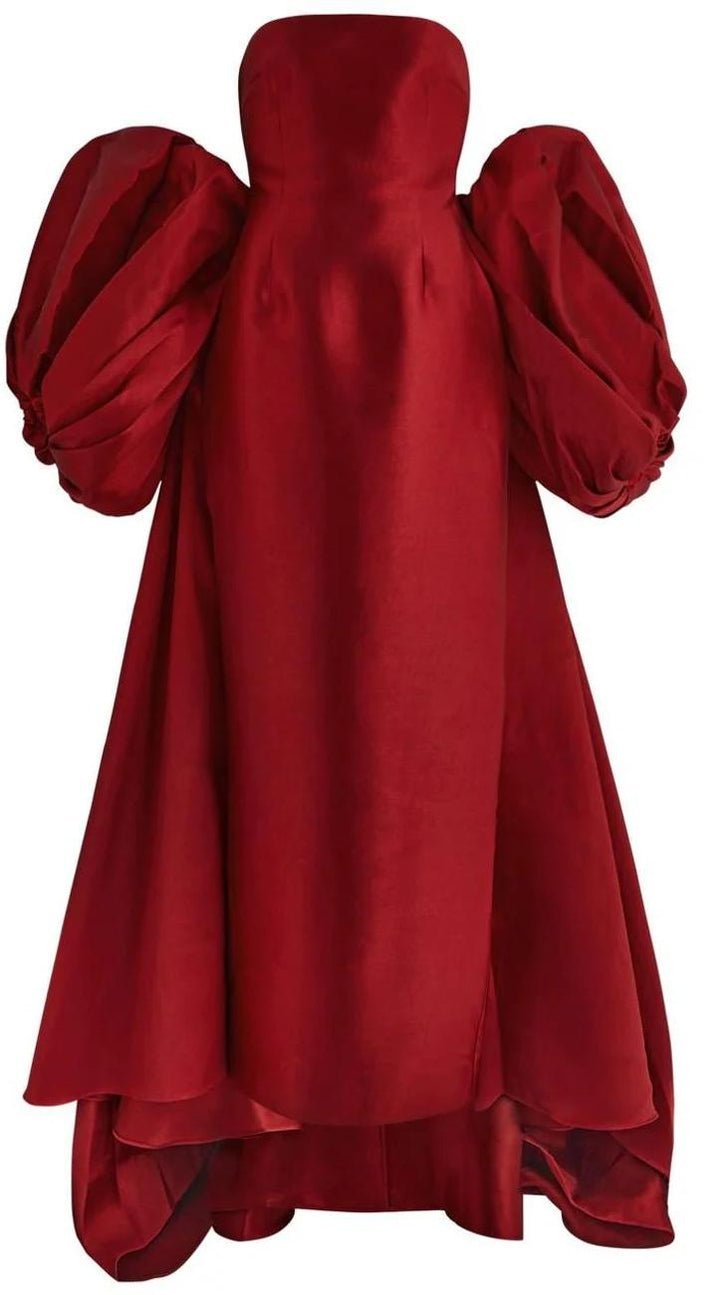 ALINA – Red Maxi Dress with Dramatic Puff Cape Sleeves and Sculpted Silhouette