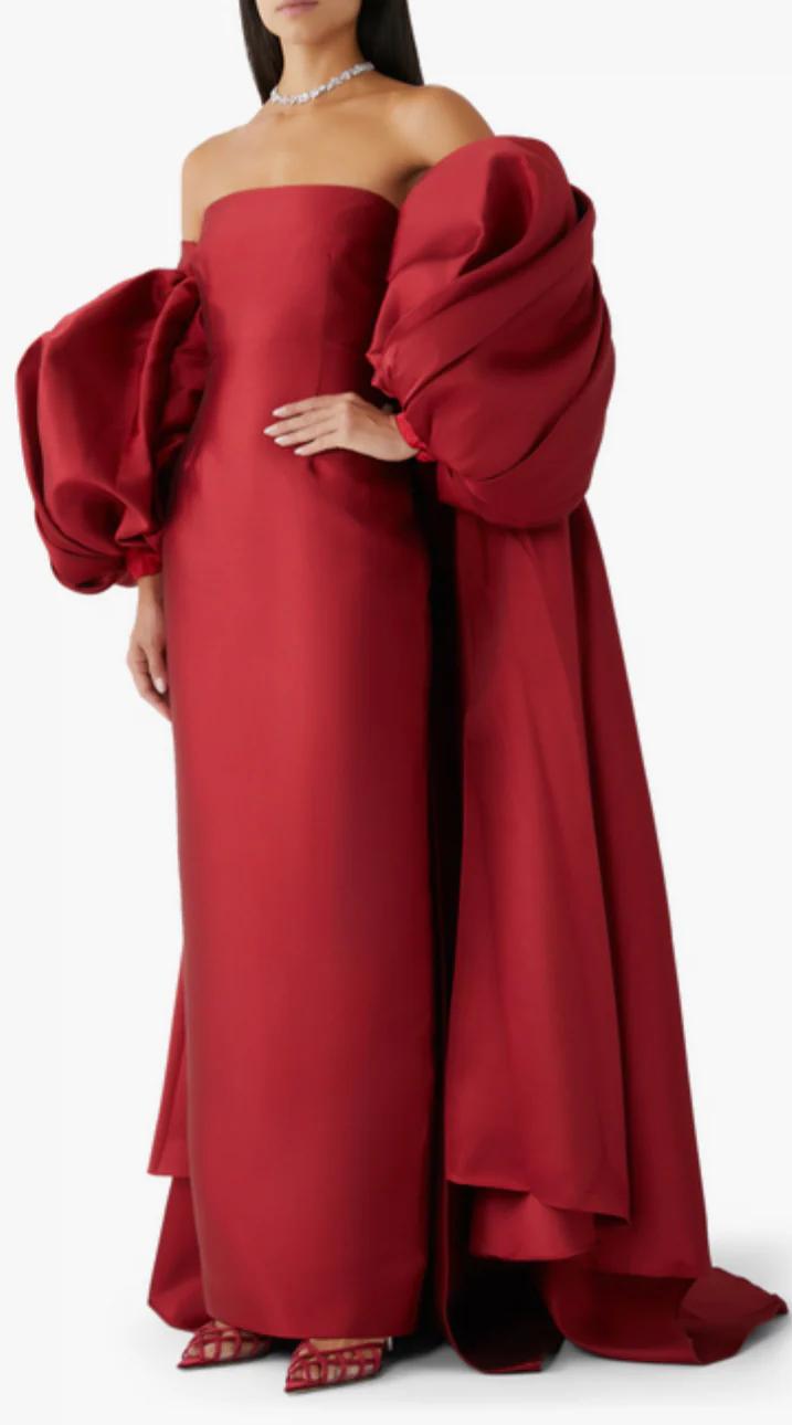 ALINA – Red Maxi Dress with Dramatic Puff Cape Sleeves and Sculpted Silhouette