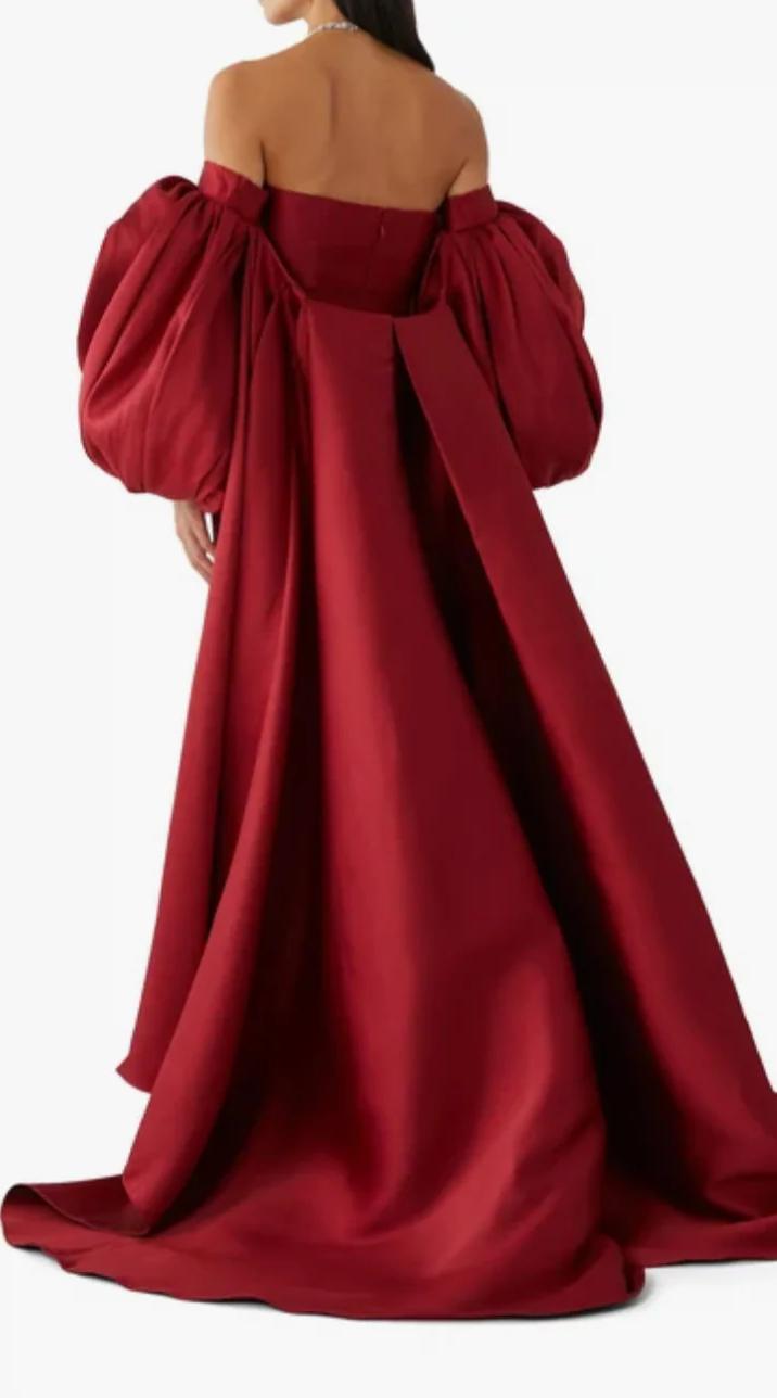 ALINA – Red Maxi Dress with Dramatic Puff Cape Sleeves and Sculpted Silhouette