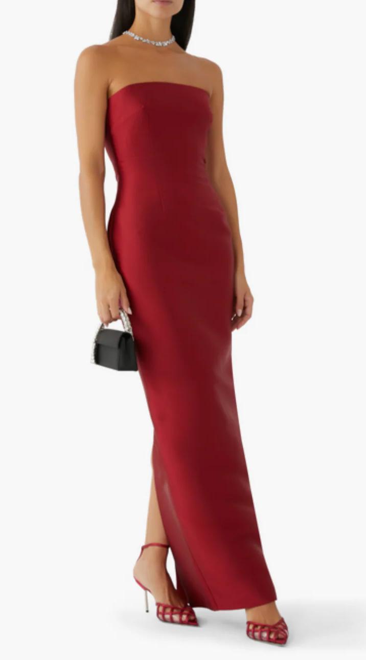 ALINA – Red Maxi Dress with Dramatic Puff Cape Sleeves and Sculpted Silhouette