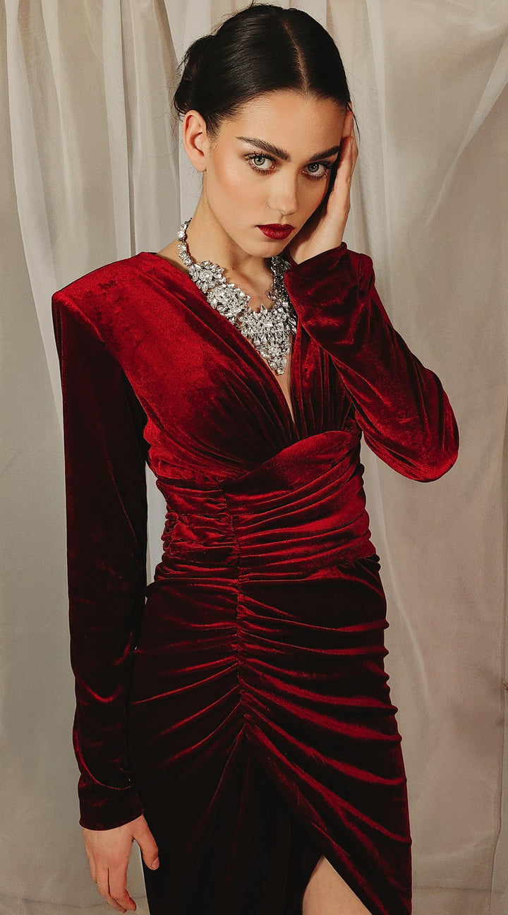 ANYA Ruched Red Velvet Gown