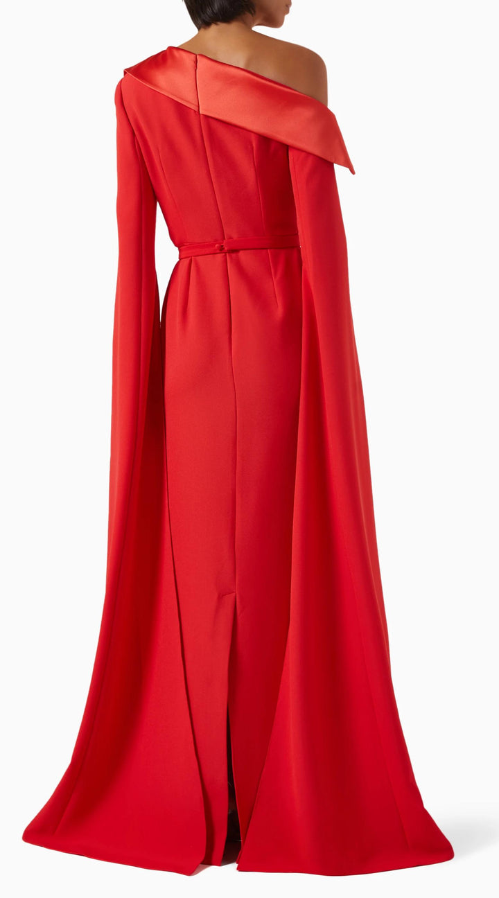 MARA – Red Crepe One-Shoulder Gown with Dramatic Cape Sleeves