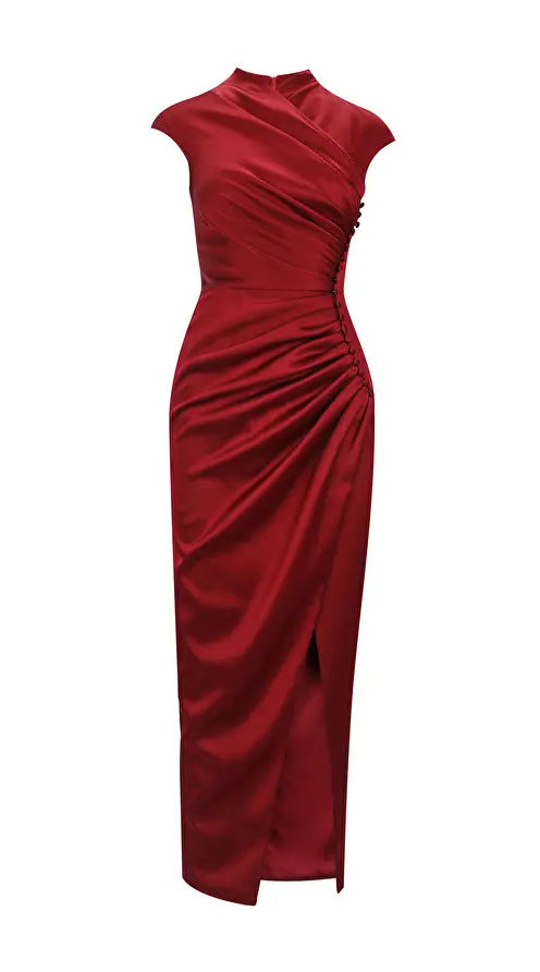 Red Satin Dress with cap sleeves and plunges by Vestiaire