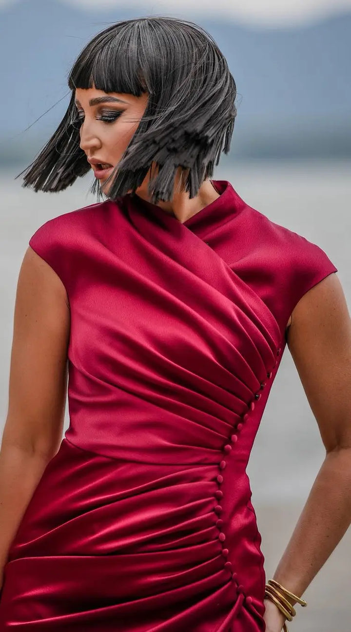 CATHERINE Elegant Satin Red Dress with Pleats