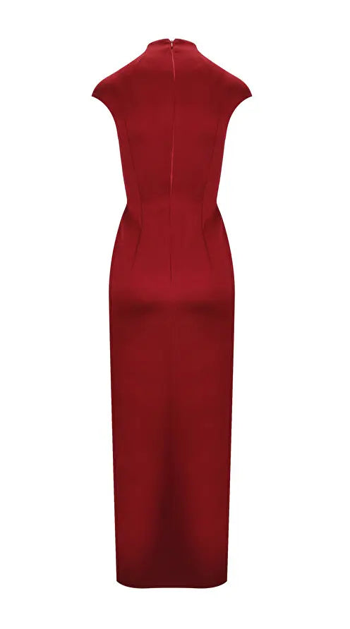 CATHERINE Elegant Satin Red Dress with Pleats