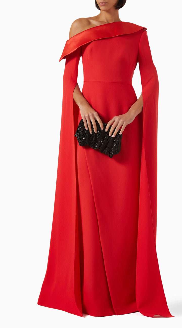 MARA – Red Crepe One-Shoulder Gown with Dramatic Cape Sleeves