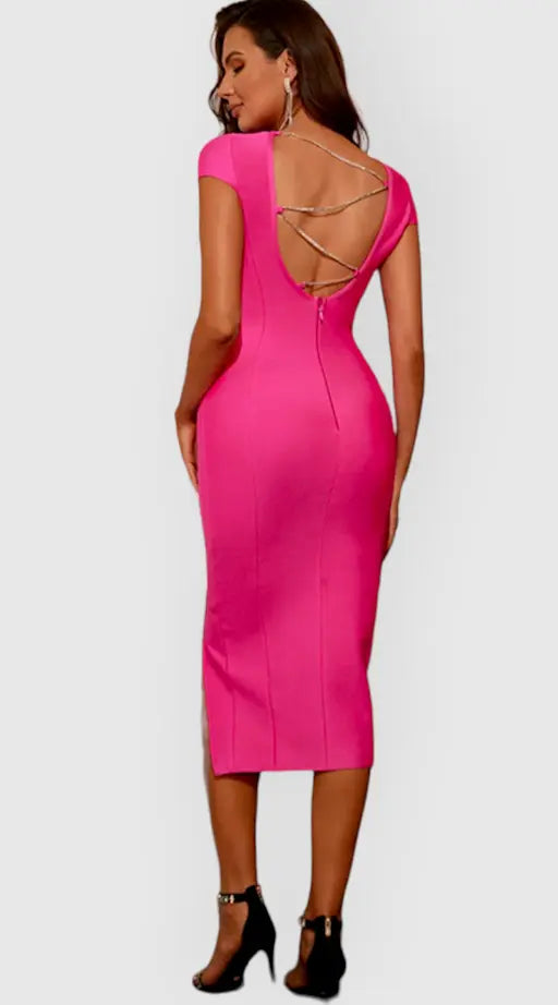 COACHELLA Rochie bandage fuchsia cu lant de cristale VESTIAIRE