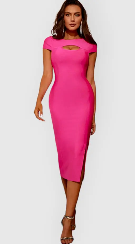 COACHELLA Rochie bandage fuchsia cu lant de cristale VESTIAIRE