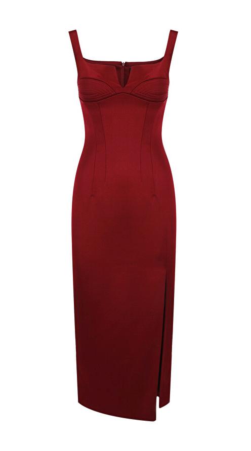 RASARIO red satin midi dress with a structured bustier and elegant stitching, perfect for special occasions.