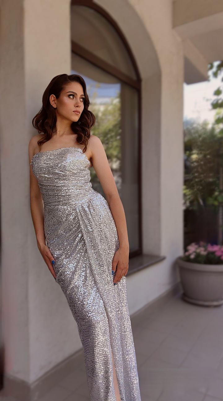 JULIETTE  Draped Strapless Sequins Gown