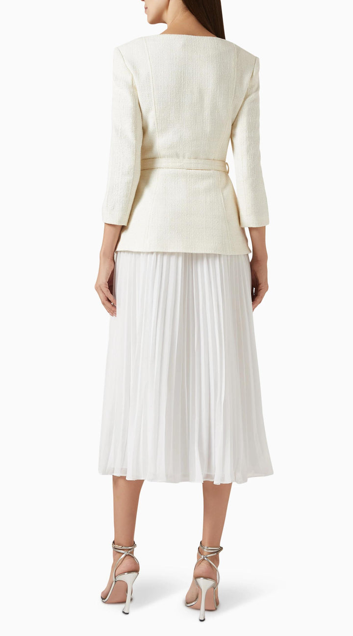 ADELE – Bouclé & Chiffon Midi Dress with Gold Buttons