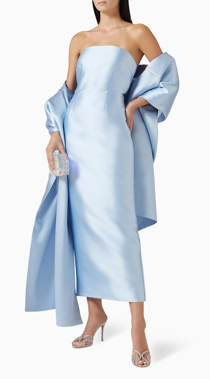 Isla Ice Blue Satin Midi Dress with Cape Effect