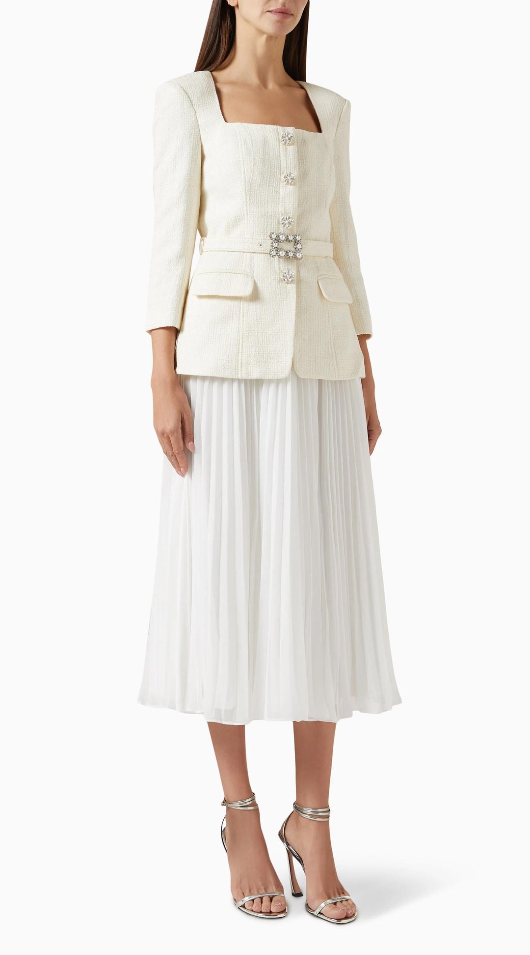 ADELE – Bouclé & Chiffon Midi Dress with Gold Buttons