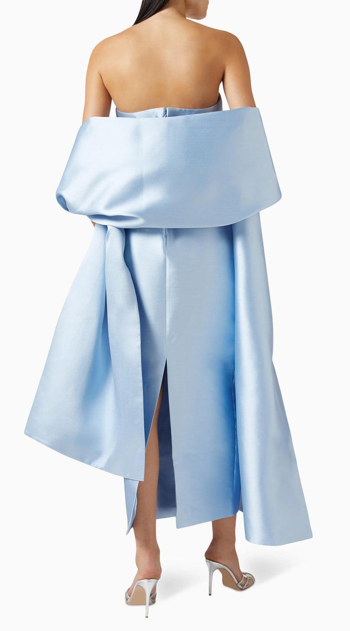 Isla Ice Blue Satin Midi Dress with Cape Effect