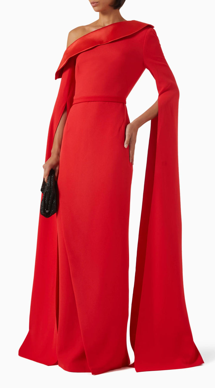 MARA – Red Crepe One-Shoulder Gown with Dramatic Cape Sleeves