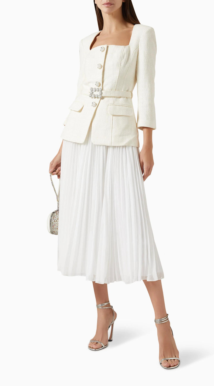 ADELE – Bouclé & Chiffon Midi Dress with Gold Buttons